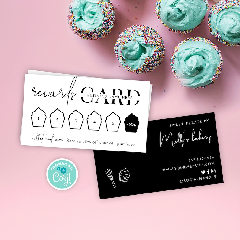 Cupcake Loyalty Card Template, Bakery Stamp Cards, Minimalist Coffee Shop Rewards Card, Editable Customer Discount Punch Cards, M-002 image 1