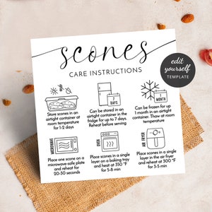 Modelo de cartão de cuidados com scones, instruções personalizadas de armazenamento e reaquecimento para scones, minimalista em preto e branco, guia de cuidados para padaria, M-004