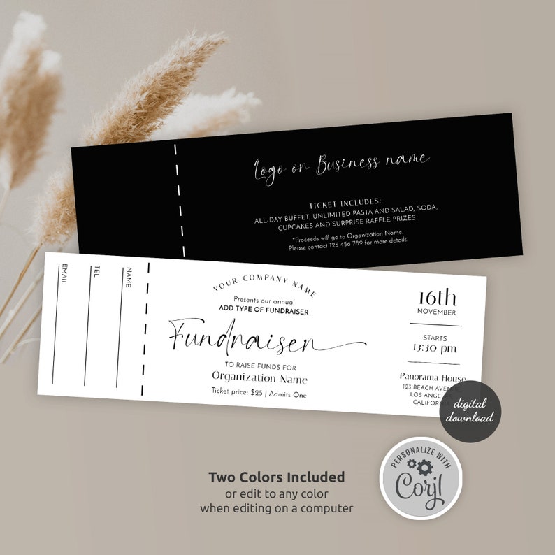 Charity Ticket Template, Fundraiser Raffle Token Template, Editable ...