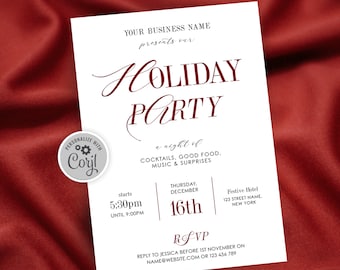May include: A white invitation with claret text for a festive holiday party. The invitation features the words "HOLIDAY PARTY" in an elegant script, along with event details. The invitation is set against a deep red satin backdrop.