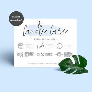 May include: A white printable candle care guide with black text and illustrations. The guide includes tips for burning candles safely, such as trimming the wick, avoiding burning for more than 3-4 hours at a time, and keeping candles out of reach of children and pets. The text also includes the phrase "Candle Care" and "Business Name Here".