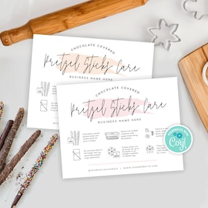 Modelo de cartão de cuidados com palitos de pretzel de chocolate, instruções de armazenamento de palitos de pretzel personalizados com cobertura de chocolate, guia de cuidados para padaria rosa elegante, PW-001