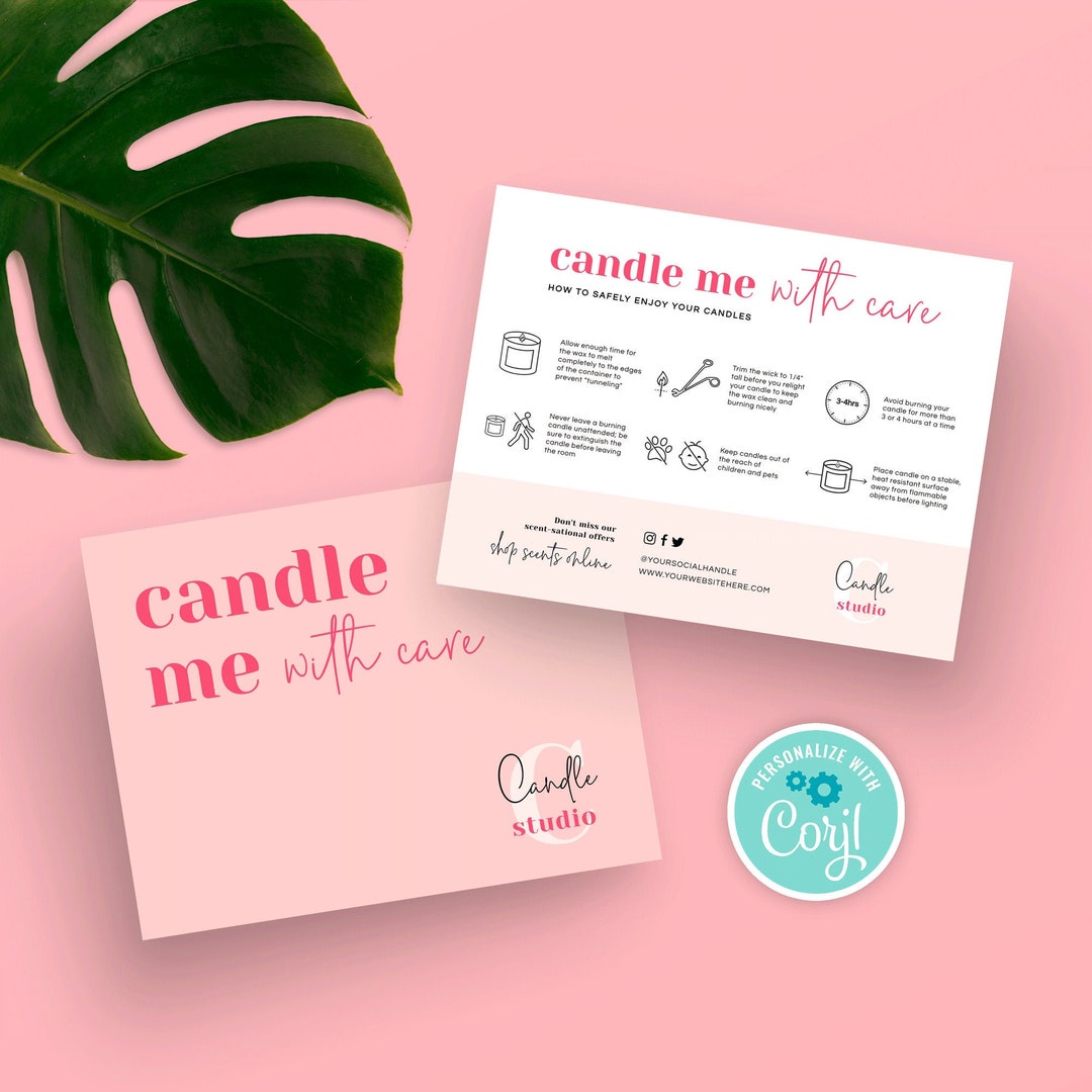 Custom Candle Care Card, Modern Candle Care Guide Template, Pink Candle Me With Care Cards