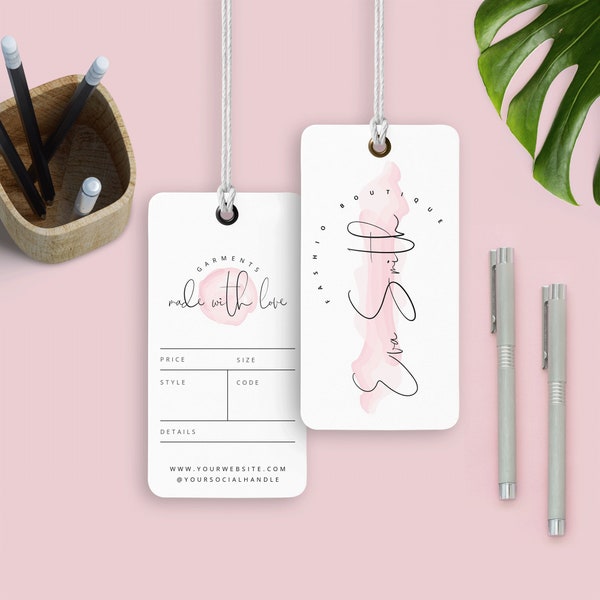 Elegant Product Hang Tags Template, Printable Fashion Sizing Label Template, Boutique Price Tags, DIY Swing Tags With Watercolor Background