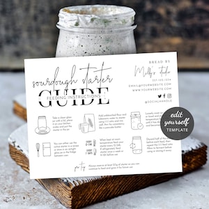 Modello di guida all'alimentazione del lievito madre, design minimalista, istruzioni personalizzate per il lievito madre, schede stampabili per la cura del prodotto da forno, M-002