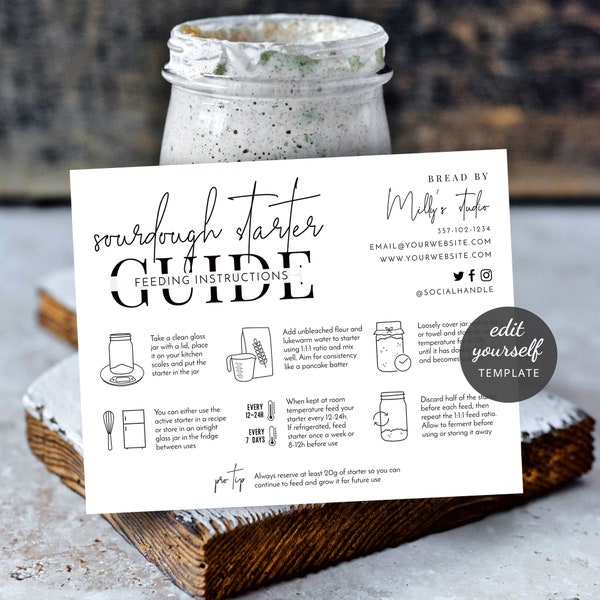 Sourdough Starter Feeding Guide Template, Minimalist Design, Custom Sourdough Levain Instructions, Printable Bakery Care Cards, M-002