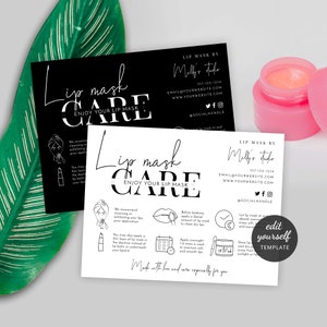May include: Black and white lip mask care instructions card with a pink lip balm jar in the background. The card includes tips for using lip masks, such as exfoliating lips before applying the mask, applying a liberal amount of lip mask before bedtime, and storing the lip mask in a cool dry place.