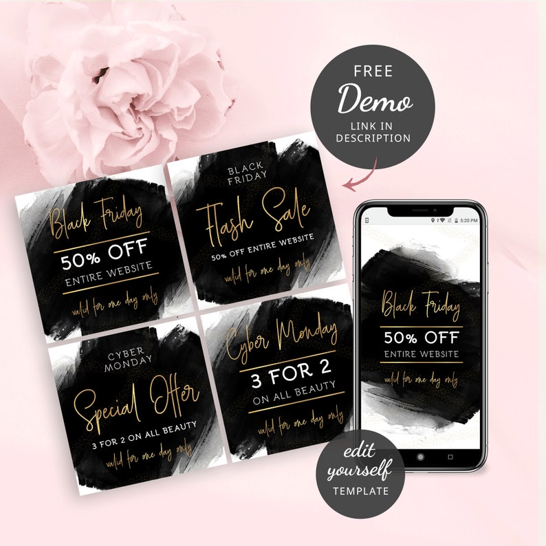 May include: Four black and white square social media graphics with gold text. The graphics feature different sales promotions for Black Friday and Cyber Monday. The text includes "Black Friday", "50% Off", "Entire Website", "Flash Sale", "Cyber Monday", "3 for 2", "On All Beauty", and "Special Offer".