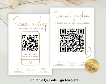 Custom QR Code Board Template, White & Gold QR Scan Sign Design, 5x7" and 8x10" Scan to Shop Signage, Scan with Phone Poster, GF-01