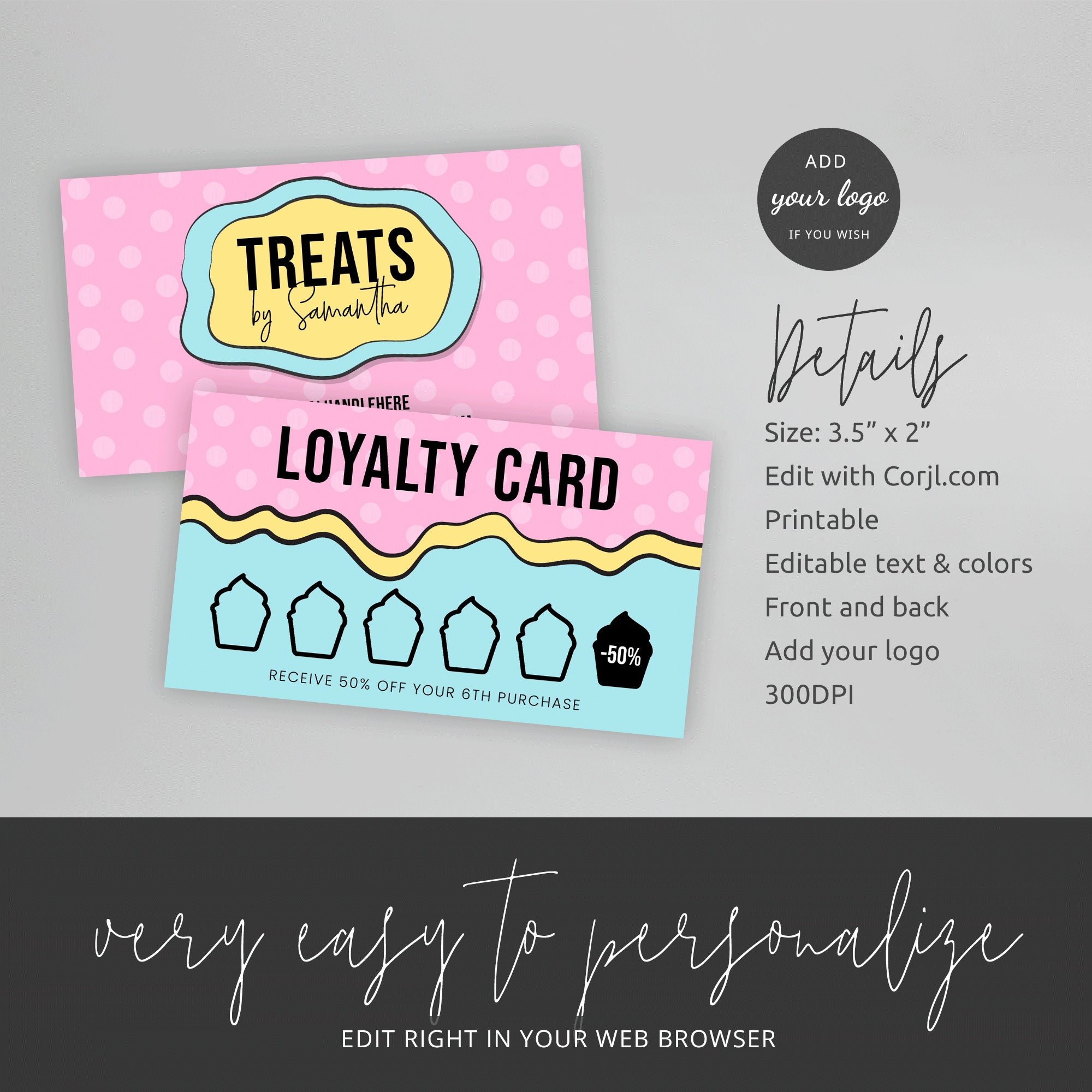 Bakery Loyalty Card Template Cartoon Design Cupcakes Reward Etsy