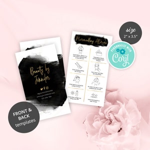 Puede incluir: Plantilla de tarjeta de visita en blanco y negro con texto dorado que dice "Beauty by Jennifer" e informaci&oacute;n de redes sociales. La parte posterior de la tarjeta tiene una lista de instrucciones de cuidado posterior para la microneedling.