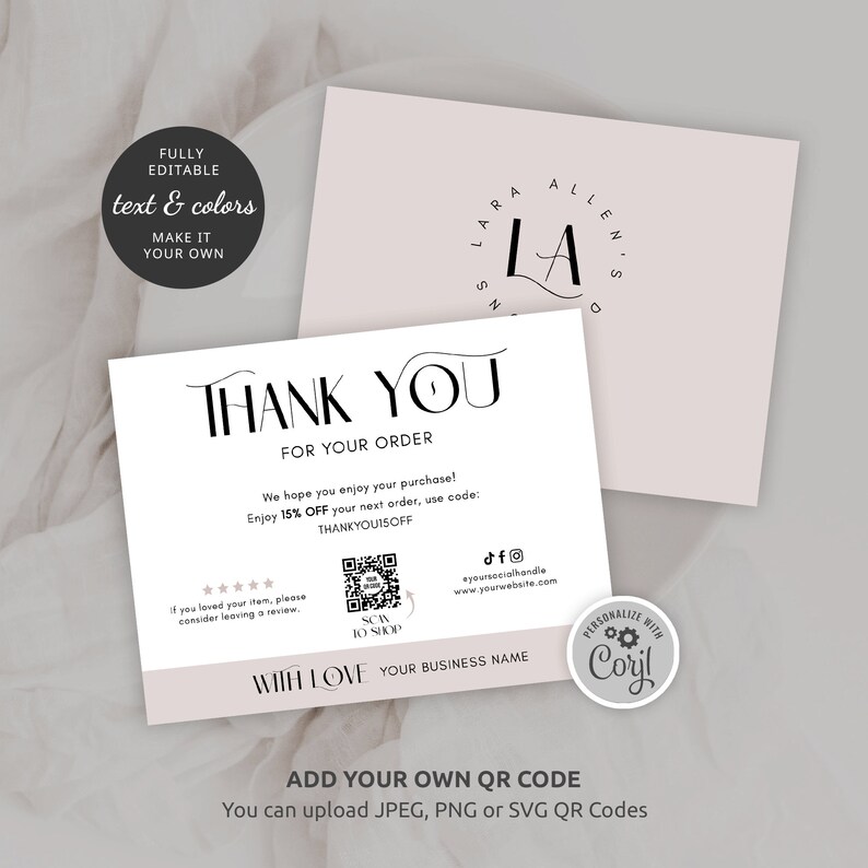 Thank You Card With QR Code Template Small Business Thanks Etsy