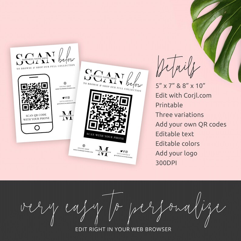 May include: Two printable QR code cards with black and white designs. The cards feature a phone with a QR code and the text "Scan below to browse & shop our full collection". The cards are 5 inches by 7 inches and 8 inches by 10 inches.