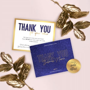 Tarjeta de agradecimiento comercial editable, tarjetas de agradecimiento personalizadas, descarga instantánea, azul brillante y dorado, plantilla para insertar en paquete comercial.