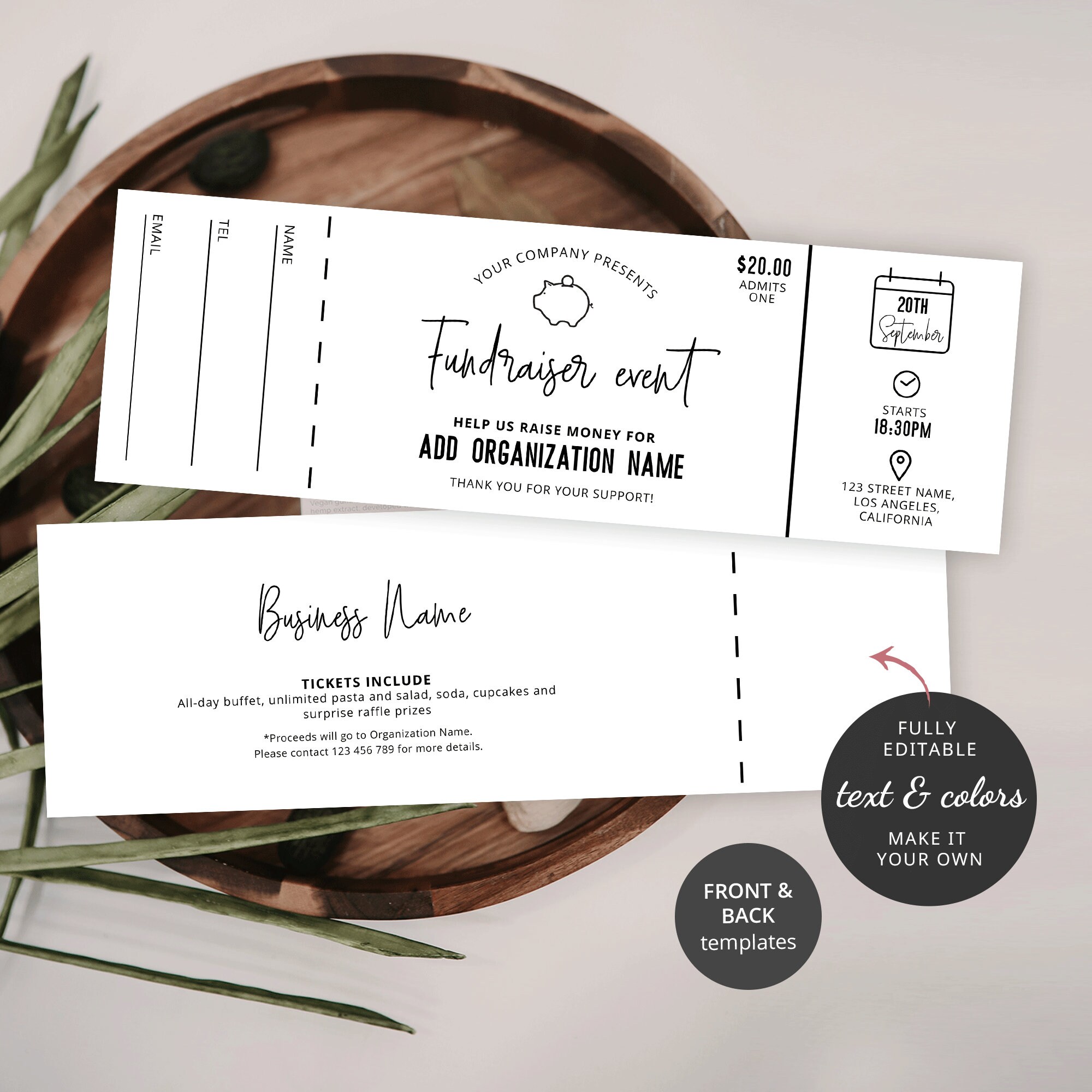 Fundraiser Event Ticket With Stub, Minimalist Charity Raffle Ticket ...