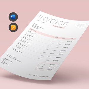 May include: A pink and white invoice with the title "Invoice" and the text "Due Date: 01/01/2020". The invoice lists the client name, description, hours, rate, and total cost. The invoice also includes a subtotal, tax, and grand total.