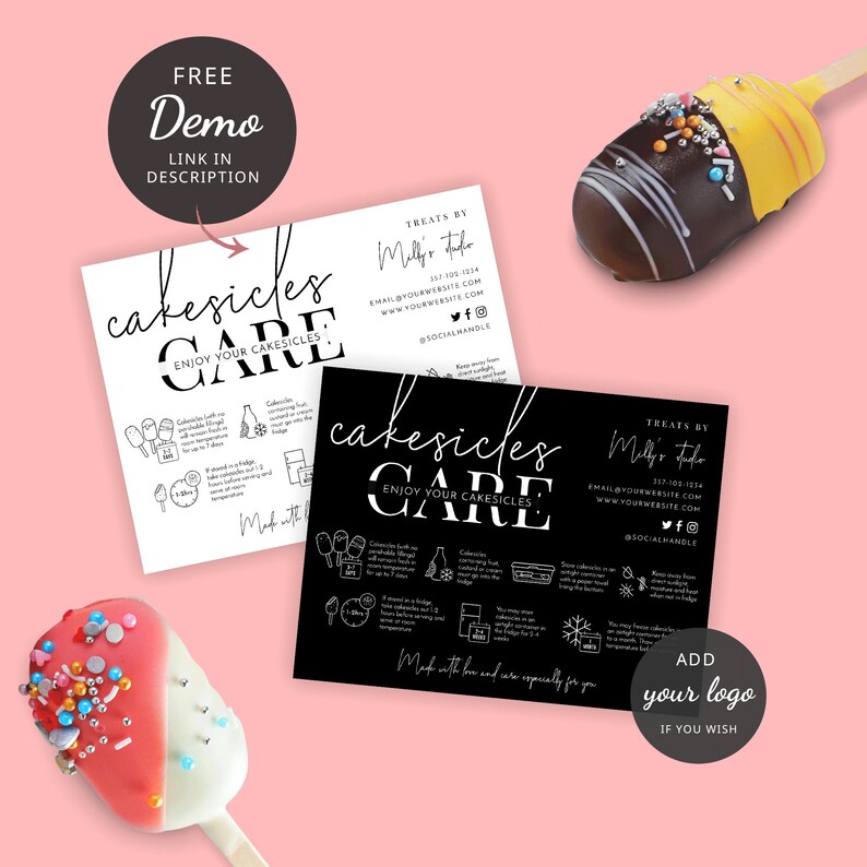 Puede incluir: Dos tarjetas en blanco y negro con el texto "cakesicles care" e instrucciones sobre c&oacute;mo almacenar y disfrutar de los cakesicles. Las tarjetas tienen un fondo blanco con texto negro e ilustraciones. El texto "Treats by Molly's Treats" est&aacute; en la parte superior de cada tarjeta. Las tarjetas est&aacute;n sobre un fondo rosa.