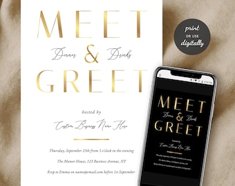 Plantilla de invitación para encuentros: volante para evento de networking empresarial en tonos dorado, azul marino, verde y negro.