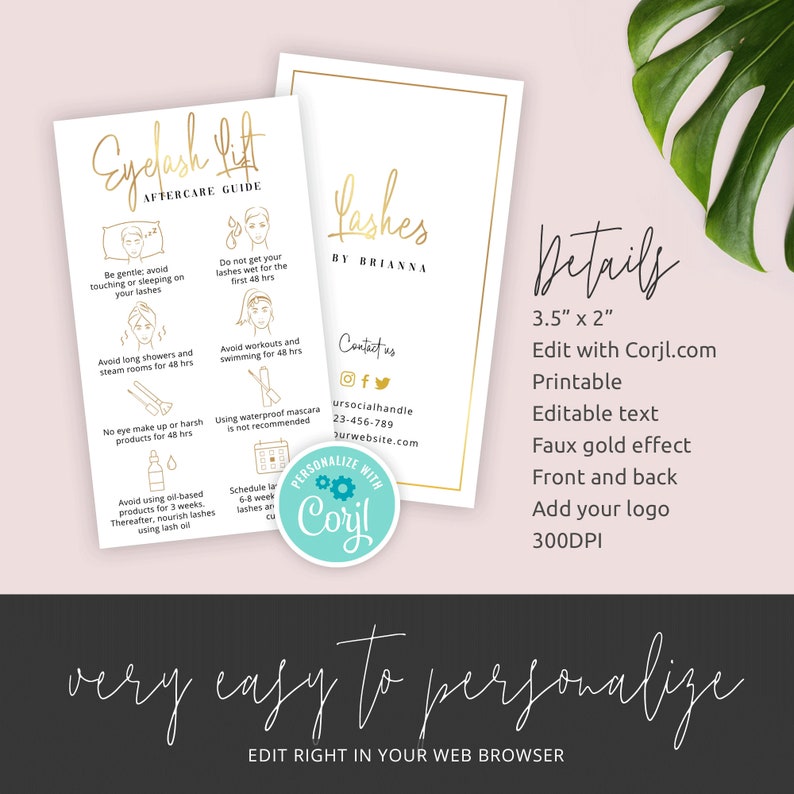 Faux Gold Lash Lift Care Card Template Eyelash Curl Aftercare Etsy