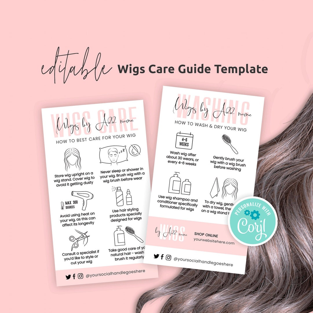 Wig Care Card Template, Editable Natural Wigs Aftercare, Feminine Synthetic Wig Care Guide