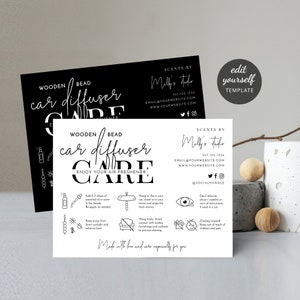 Modèle de guide d'entretien de diffuseur de voiture avec perles en bois, instructions d'entretien du désodorisant de voiture personnalisé, carte d'entretien minimaliste d'huiles essentielles Freshie M-002