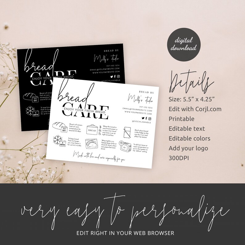 Bread Care Instructions Card Template, Minimalist Loaf of Bread Storage ...