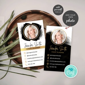 May include: Black and white business card template with a gold accent. The card features a photo of a woman, the text "Jennifer Smith", and the words "Event Planner". The card also includes social media icons, an email address, a website address, and a phone number.