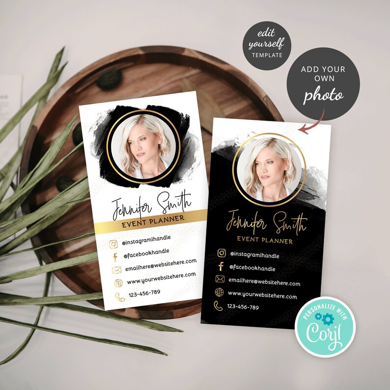 May include: Black and white business card template with a gold accent. The card features a photo of a woman, the text "Jennifer Smith", and the words "Event Planner". The card also includes social media icons, an email address, a website address, and a phone number.