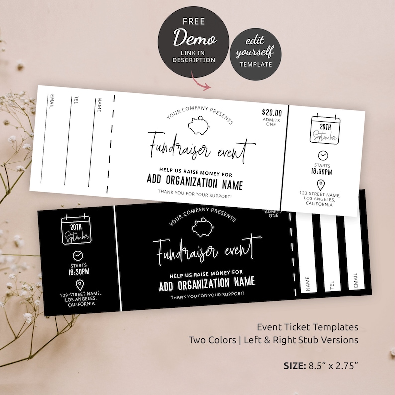 Fundraiser Event Ticket With Stub Minimalist Charity Raffle - Etsy