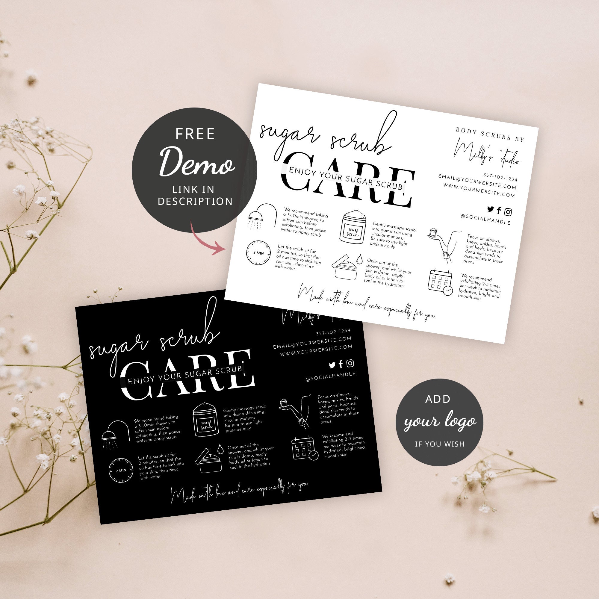 Scrub Ink Order Form Sugar Scrub Application Guide Template, Minimalist Body Scrub Care Card ...