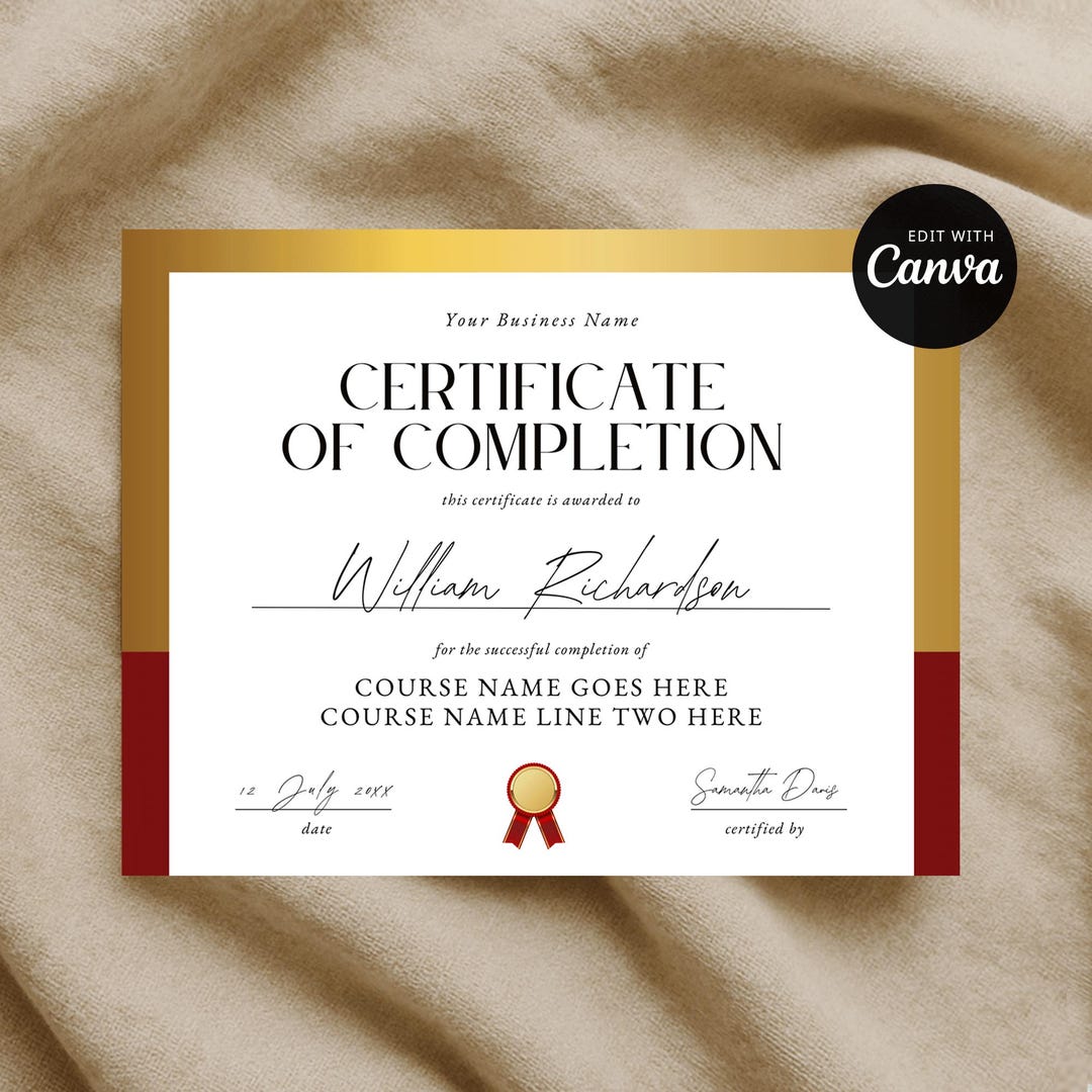 Corporate Completion Certificate Canva Template - Faux Gold Ribbon ...