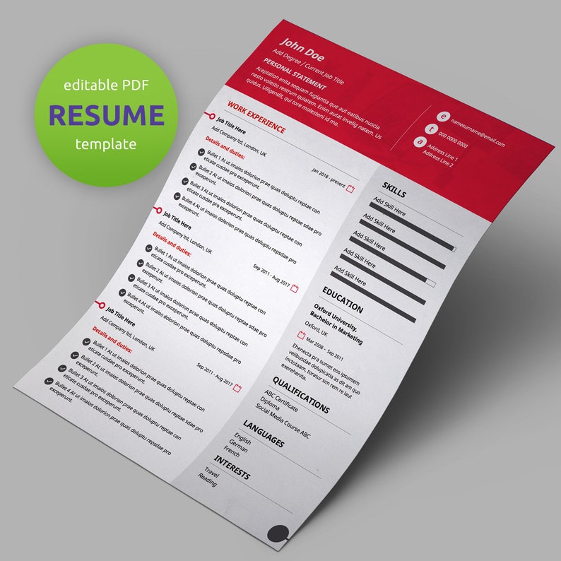 Single Page CV CV Curriculum Vitae Instant Download Modern Resume Template Creative Resume Template CV Design Resume Template