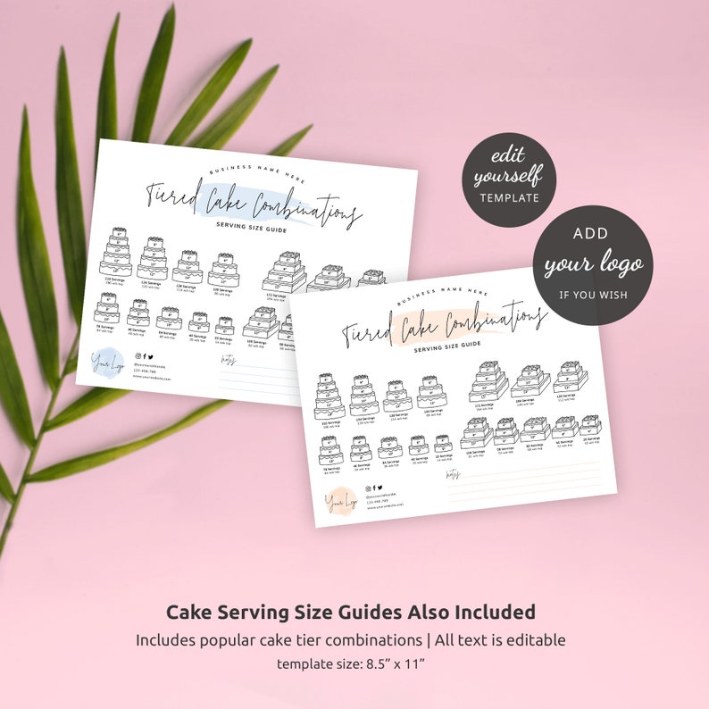 Op de afbeelding: Twee printbare gidsen voor het serveren van meerlaagse taarten met zwart-wit illustraties van taarten. De gidsen bevatten de tekst "Tiered Cake Combinations" en "Serving Size Guide". De tekst is bewerkbaar en de sjabloongrootte is 8,5 inch bij 11 inch.