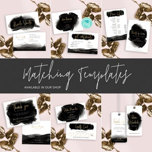 May include: A set of black and gold business cards, gift certificates, price lists, thank you cards, loyalty cards, and tags. The cards feature a black watercolor background with gold accents and text.