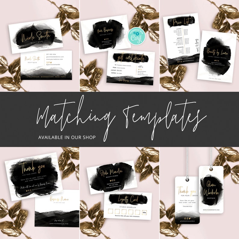 May include: A set of black and gold business cards, gift certificates, price lists, thank you cards, loyalty cards, and tags. The cards feature a black watercolor background with gold accents and text.