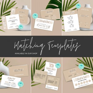 May include: A set of printable templates for a beauty salon or spa business. The templates include a thank you card, a price list, a referral card, a loyalty card, a business card, and a social media post. The templates are designed in a light brown color scheme with a green leaf background.