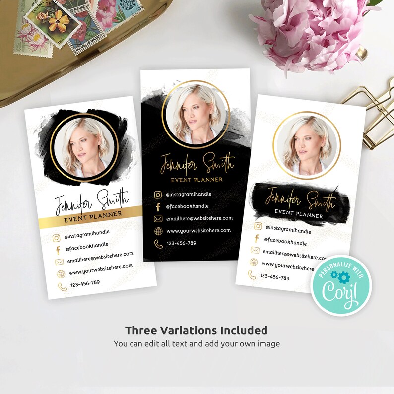 May include: Three variations of a business card design featuring a black and white background with gold accents. The card includes the name "Jennifer Smith", the title "Event Planner", and contact information including social media handles, email address, website, and phone number.