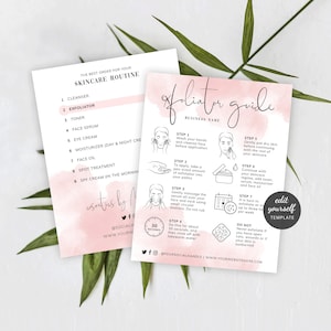 Könnte beinhalten: Ein rosa-weißer druckbarer Leitfaden mit dem Titel "Exfoliator Guide" und Anweisungen für eine Hautpflege-Routine. Der Leitfaden enthält Schritte zum Händewaschen, zum Auftragen von Peeling und zur Fortsetzung mit dem Rest Ihrer Hautpflege-Routine. Er enthält auch einen Hinweis, das Peeling zu vermeiden, wenn Sie offene Wunden, Verletzungen oder Sonnenbrand haben.
