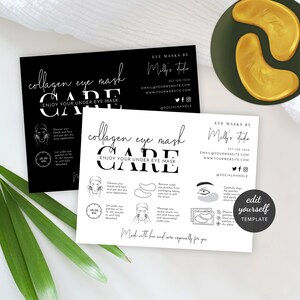 Puede incluir: Dos tarjetas con instrucciones para mascarillas de ojos de colágeno. Una tarjeta es negra con texto blanco, la otra es blanca con texto negro. El texto dice "collagen eye mask care" y "enjoy your under eye mask". Parches dorados para los ojos están en un plato verde.