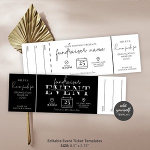 Minimalistische Wohltätigkeitsticket-Vorlage, bedruckbare Benefiz-Verlosungstoken, bearbeitbarer Galadinner-Eintrittspass mit Stub, schwarz weiß, M-002