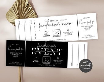 May include: Editable event ticket template with black and white design. The template includes text fields for the event name, date, time, location, and ticket price. The text "Help us raise funds for" is also included. The template is 8.5 inches by 2.75 inches.