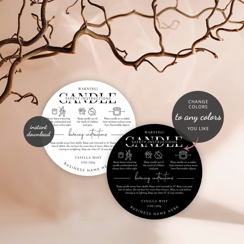 Candle Warning Label Template, Printable Candle Safety Sticker, 1.5" 2" 3" Round Warning Label, Editable Candle Safety Instructions, M-002 image 4