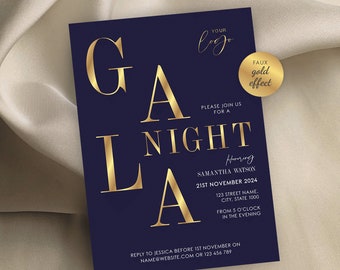 Navy & Gold Gala Flyer Template, Corporate Dinner Marketing Leaflet, Elegant Business Charity Event Invitation, Custom Electronic Invite