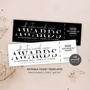 Minimalist Awards Ticket Template, Awards Night Entrance Token Printable, Custom Prize Ceremony Entry Pass With Stub, Black & White, M-002