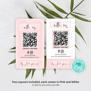 Social Media QR Code Business Cards Template, Editable Connect With Us QR Code Cards, Printable Follow Us Cards Feminine Pink Design, P01 image 2