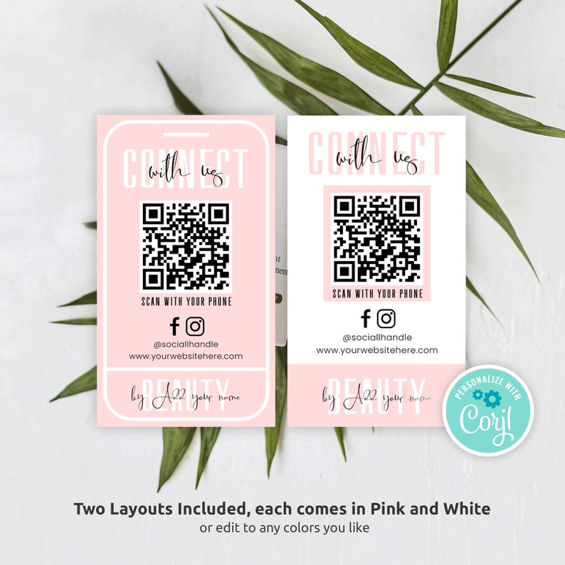 Social Media QR Code Business Cards Template, Editable Connect With Us QR Code Cards, Printable Follow Us Cards Feminine Pink Design, P01 image 2