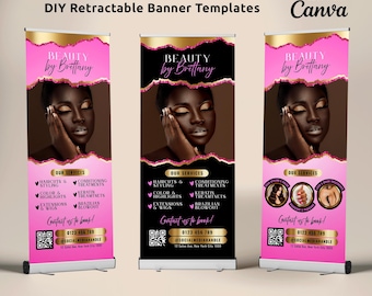 May include: Three retractable banner templates with a pink and black design. Each banner features a woman with gold eye makeup and the text "BEAUTY by Brittany." Services include haircuts, styling, and extensions. The banners also include contact information.