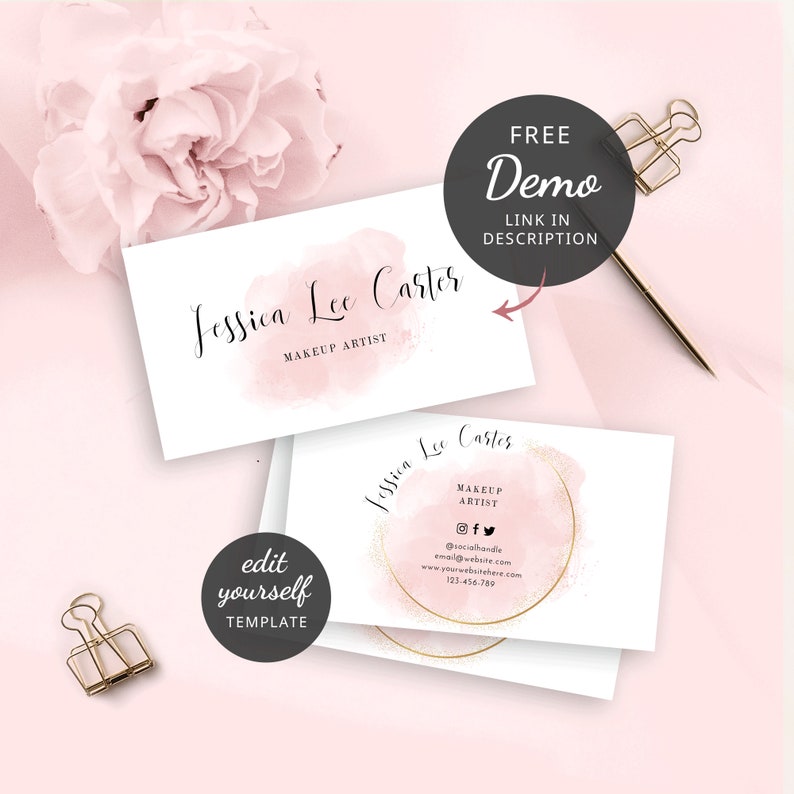 May include: A pink and gold business card template with a watercolor background and a gold circle. The text on the card reads "Jessica Lee Carter, Makeup Artist".