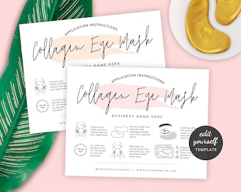 May include: Collagen eye mask application instructions with illustrations. The instructions include cleansing the skin, applying the patches, and removing the patches. The text includes the phrase "Collagen Eye Mask" and the words "Business Name Here".