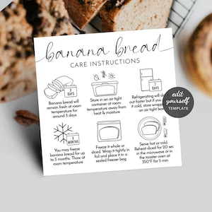 Modèle de carte d'entretien du pain aux bananes, instructions de stockage personnalisées pour le pain aux bananes, guide de boulangerie au levain moderne noir et blanc 2,5 x 2,5 pouces M-004